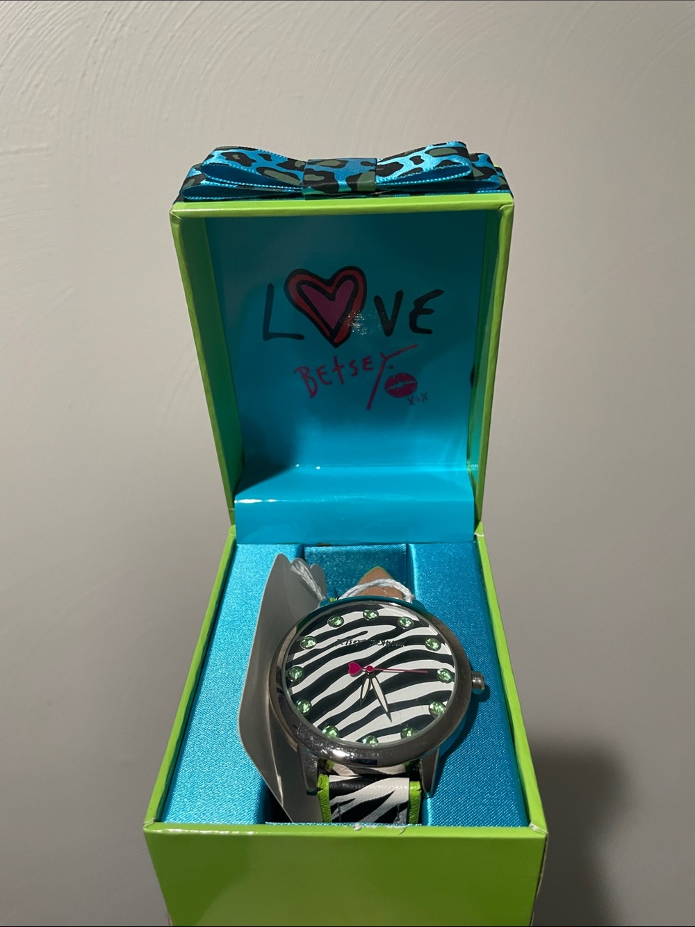 Betsey Johnson watch zebra rhinestones black white green pink leather